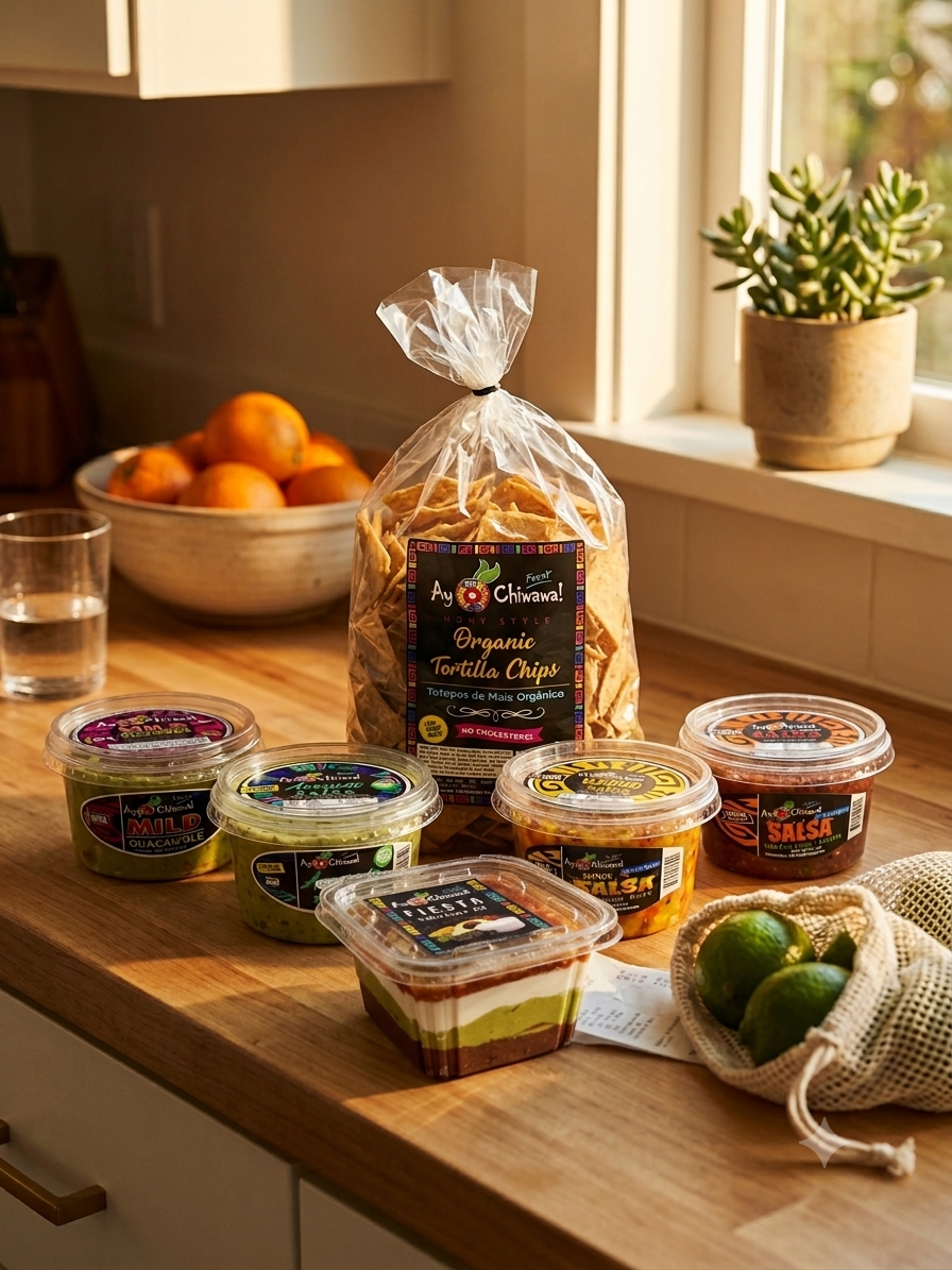 Ay Chiwawa! product lineup — salsas, guacamole, dips and chips