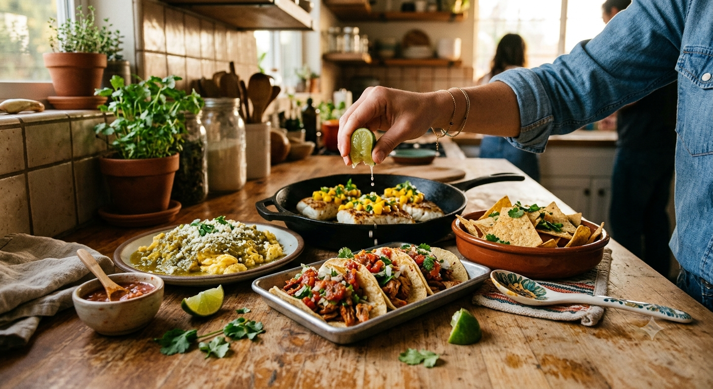 Southern California table spread — tacos, fish, eggs, chips and salsa shared by friends