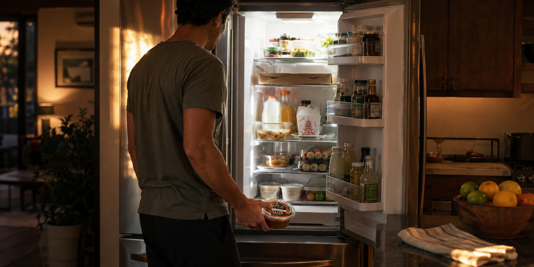 A person pulling Ay Chiwawa! salsa from an open refrigerator at home