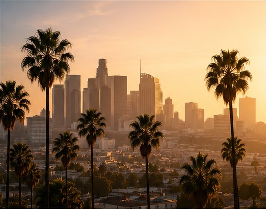 Downtown Los Angeles at golden hour with palm trees
